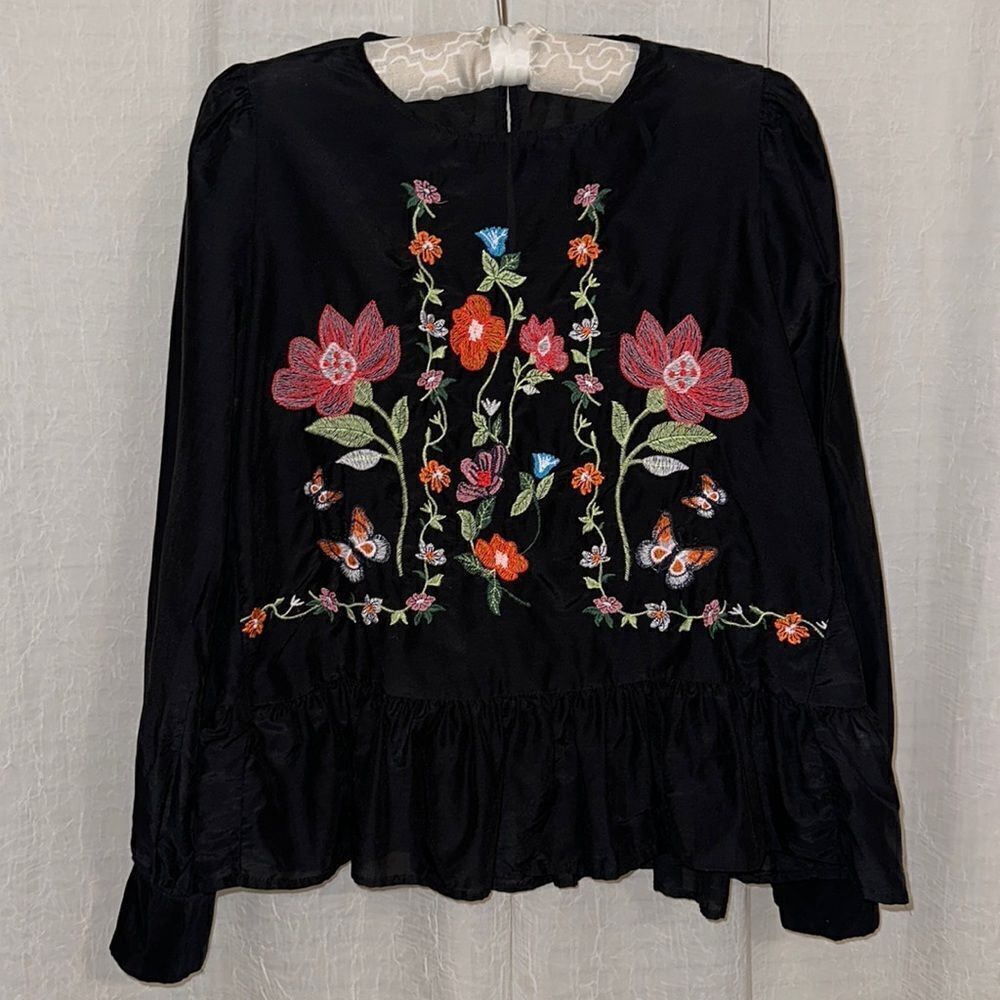 ZARA S Black Multi Floral Embroidered Long Sleeve Cotton Silk Peplum Blouse